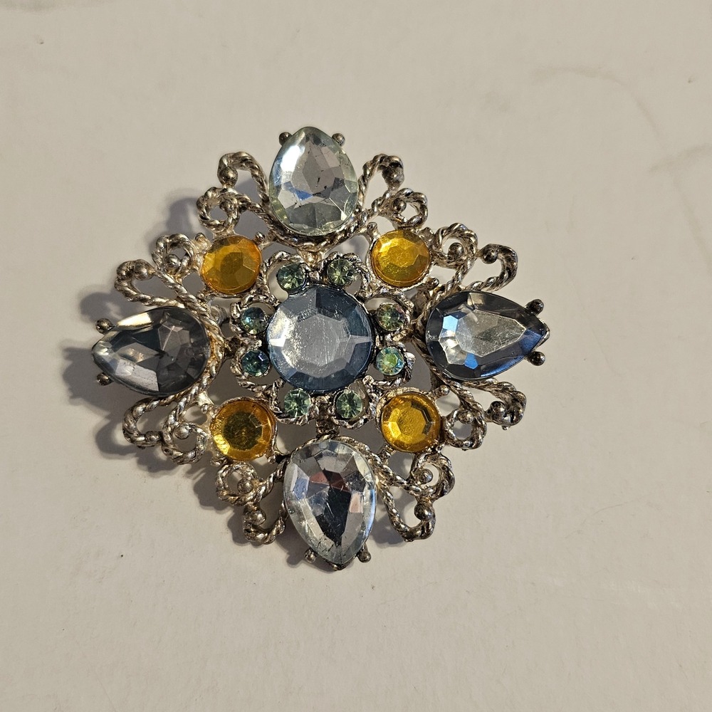 Vintage Style Silver Tone Blue‎ Amber Rhinestone Sunburst Brooch Pin Statement